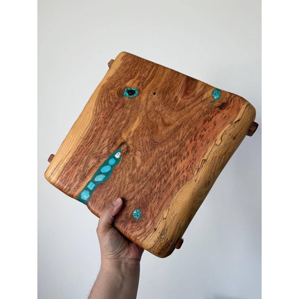Handmade Wood Serving Charcuterie Board Turquoise Inlay Artisan Signed CR 133